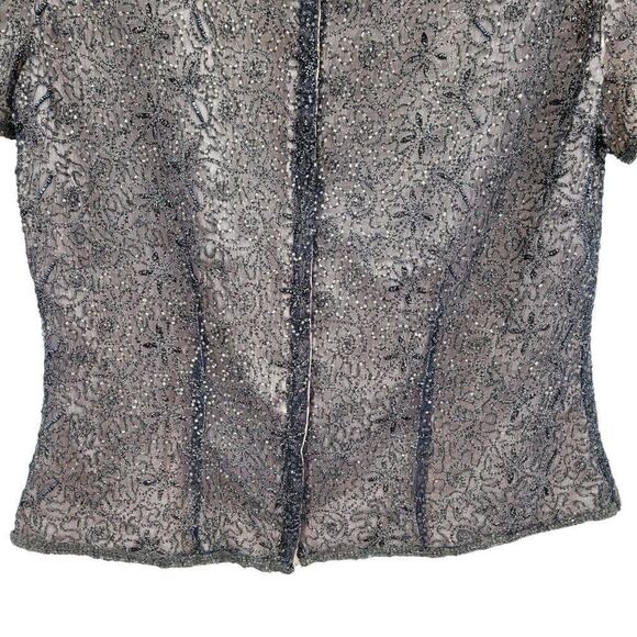 Vintage Adrianna Papell Formal Silk Beaded Short Sleeve Blouse 10P Gray Overlay - Picture 9 of 11
